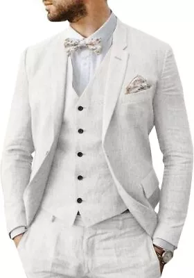 Men's 3-Piece Linen Suit Slim Fit Casual Suits Groomsmen Tuxedo Summer Beach Wed • $193.33