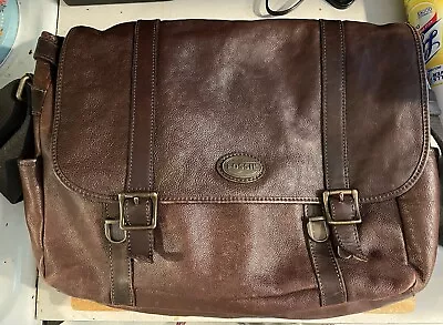 Genuine Fossil Cowhide Leather Brown Messenger Bag Briefcase With Strap • $50