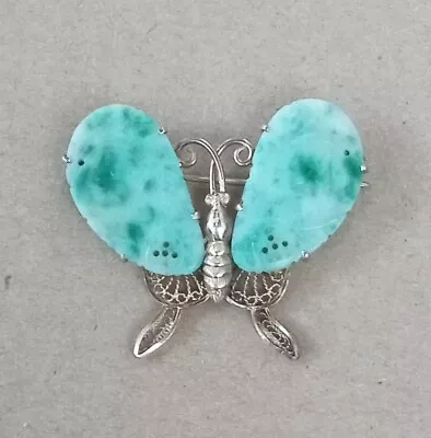 Vintage Jadeite & Silver Butterfly Brooch Pin • $12.50