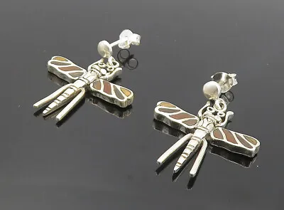 925 Sterling Silver - Vintage Inlaid Jasper Dragonfly Drop Earrings - EG3370 • $31.95
