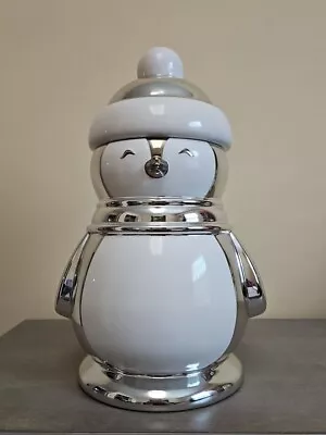 Slatkin & Co Silver White Ceramic Penguin Large Cookie Jar 13” • $35.89