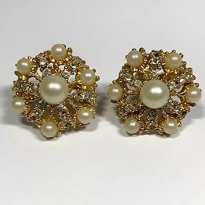 Vintage Marvella Clip On Screw Back Earrings Faux Pearl Rhinestone Gold Tone • $15.90