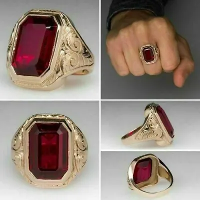 Men's 3Ct Emerald Lab-Created Garnet Vintage Wedding Ring 14K Yellow Gold Plated • $125.99