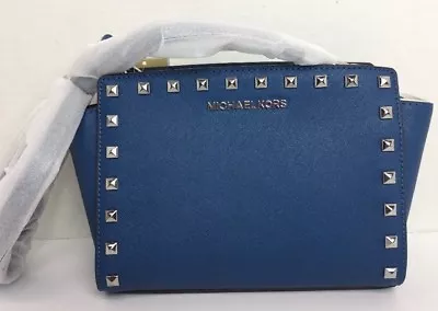 NWT Michael Kors Selma Stud Medium Messenger Crossbody Leather Steel Blue • $119.99