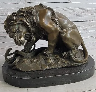 Vintage Bronze Sculpture Statue Lion Vs. Snake Signed Barye Real Marble Base Art • $419