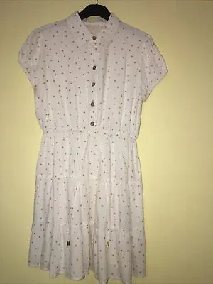 Ladies Shirt Dress White Gold Polka Dots Size Small Midi RaRa Frill Skirt Used • £15.50