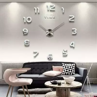 Large DIY 3D Frameless Number Wall Clock Mirror Sticker Home Office Room Decor- • £9.59