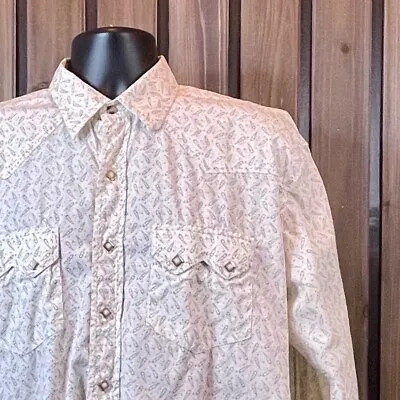 Larry Mahan White Paisley Sawtooth Pocket Western Shirt Size Large Cowboy Rodeo • $10