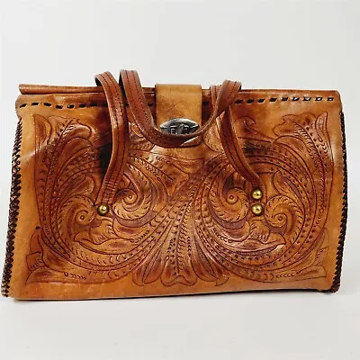 Vintage Hand Tooled Leather Purse Western Bag Floral Laced 2 Handle Handbag • $39.95