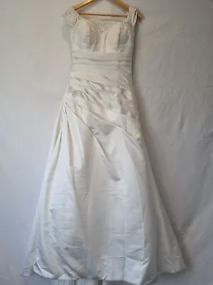 IModa Ivory Satin Lace Embroidered Pleated Button A-line Wedding Dress Sz 12 • $166.70