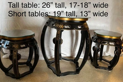 $199 • Buy Antique Chinoiserie Black Laquer Drum Stool / Side Table And 2 End Tables