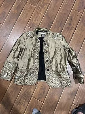 Vintage Yak Magik 100% Silk Jacket Blazer Woven Lagenlook Open Front Tan Gold XL • $23