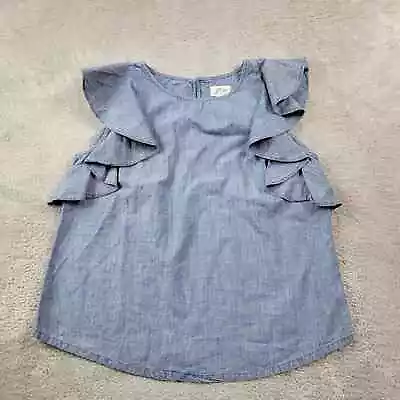 J Crew Top Womens 10 Blue Ruffle Sleeves Chambray Tunic Tank • $18.95