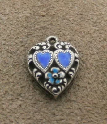 VINTAGE STERLING SILVER PUFFY HEART CHARM - Two Small Hearts & Flower & Enamel • $24.99