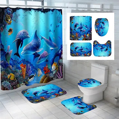 4pcs Ocean Dolphin Shower Curtain Set 180x180cm Underwater World   • $22.79