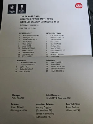 £4.95 • Buy FA TROPHY & VASE  FINAL 2016 Hereford United V Morpeth Teamsheet 