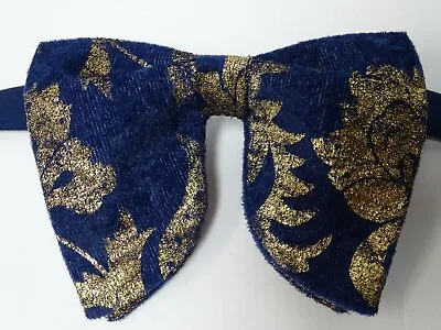 Handmade Oversized Navy Gold Velvet Bow Tie Vintage Style 70s Wedding Prom Gift • $19.14