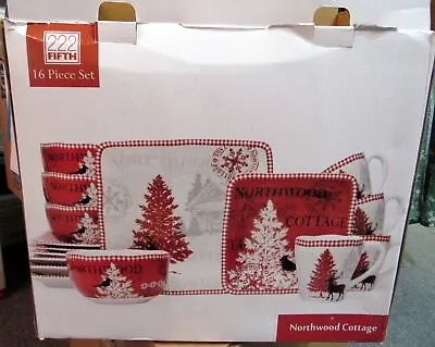 New Unopened Box 16 Pc. 222 Fifth Northwood Cottage Square Deer Cabin Dinnerware • $100.60