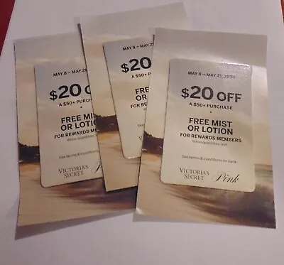 3 VICTORIA’S SECRET PINK SUMMER BONUS CARDS $20 Off $50 Plus Mist Or Lotion • $12