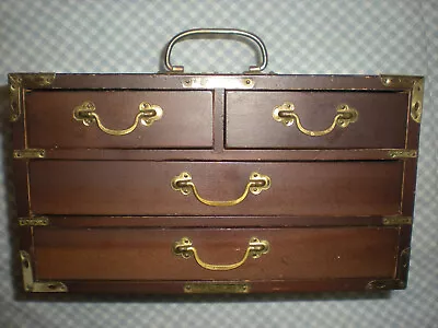 Antique Apothecary Cabinet Metal Handle Drawers Wooden Jewelry Box 4 Drawers • $114