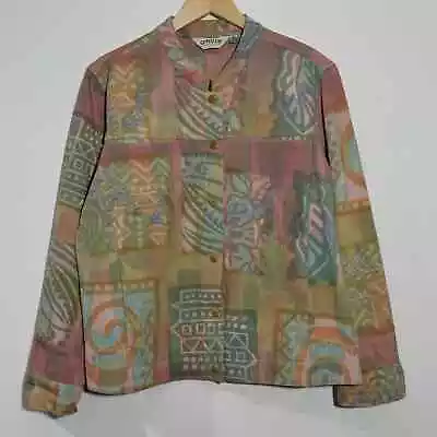 Orvis Women Mandarin Collar Jacket Abstract Floral Pastel Button Front Medium • $31.20