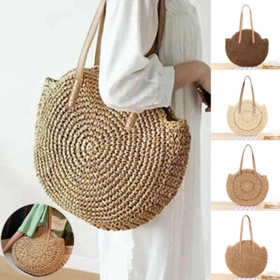 Women Boho Woven Handbag Summer Beach Tote Straw Bag Round Rattan Shoulder UK / • $17.15