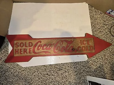 Vintage 80's Coke  Coca-Cola Sold Here Ice Cold  Carved Wood Arrow Sign27  X 7  • $50