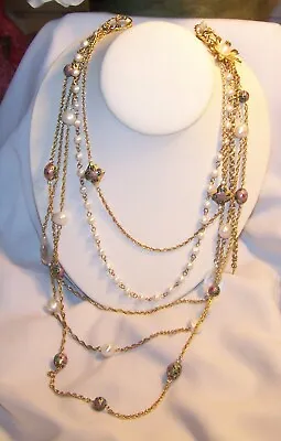  Cloisonne Chain Necklace-Vintage-5 Strands-Faux Pearls-Signed OT China • $28.99