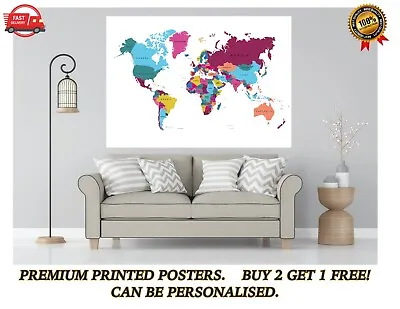 Colourful World Map Atlas Large Poster Art Gift - A1 LAMINATED PRINT • £13.65