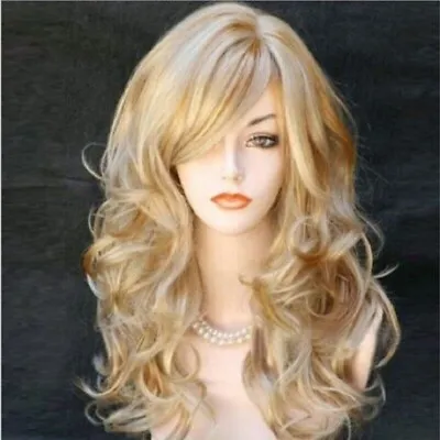 Womens Blonde Long Curly Wigs Natural Wavy Synthetic Hair Cosplay Full Wig X • £7.09