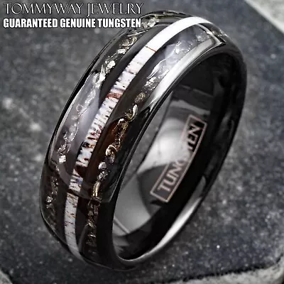 Black Tungsten Carbide Men's Ring W/ Deer Antler & Meteorite Wedding Band • $23.99