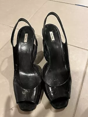 Miu Miu Black Patent Leather Slingback Pumps Open Toe Size 37.5 • $29.99
