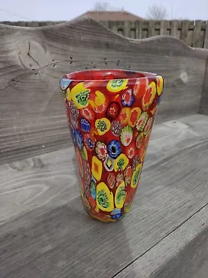 Murano Style Millefiori Red Hand Blown Glass Vase Unsigned Vintage Vecchia • $400