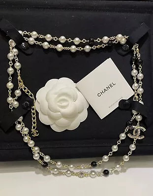 CHANEL Elegant And Must-have White Long Pearl Necklace For Woman Logo Pendants • $590