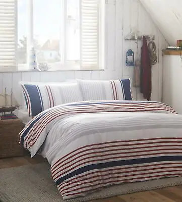 £17.99 • Buy Nautical Themed Striped Duvet Cover Set Stripey Bedding Ochre Blue Red White
