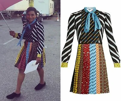 $589.97 • Buy Mary Katrantzou NEW Knight Tie Neck Animal Chevron Print Dress 4 Contrast Stripe