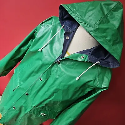 Vtg - LACOSTE - REVERSIBLE PVC RAIN COAT Jacket W/ Hood - Navy Blue & Green - M • $69