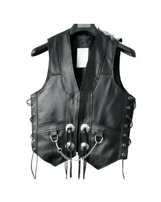 Men's Black Leather Fringed Concho Chain Vest Motorcycle Biker XS To 5XL New • $106.49