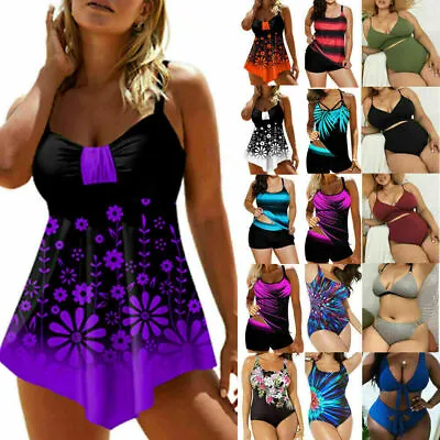 Plus Size Women Push Up Padded Tankini Set Swimwear Swimsuit Swimming Costume UK • £7.63