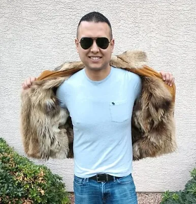 Men's Genuine 100% Coyote & Suede Fur Coat Zip Up Bomber Vest Jacket Combo • $130