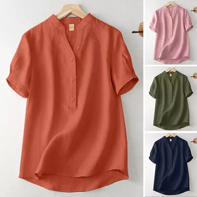 £11.39 • Buy UK Womens Summer Cotton Linen T-Shirt Ladies Short Sleeve Tops Button Up Blouse