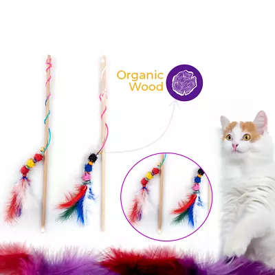 Brave Paws Interactive Cat Teaser Organic Wood Naturel Feather Pom Pom Cat Toy • £4.29