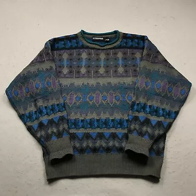 VINTAGE Grandpa Sweater Mens Medium Blue Purple Coogi Style Knit Pullover 90s • $29.99