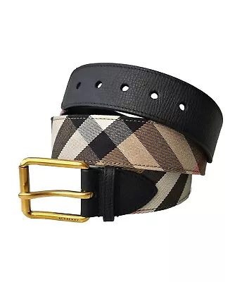 BURBERRY Men's Grainy Leather House Check Belt 38/95 Brass Buckle Italy NWT • $349.99