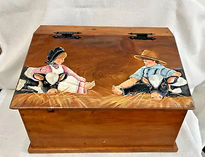 Vintage Wooden Amish Design Bread Box Farming Cows • $45