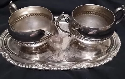 Vtg Silver Plated Cream And Sugar Cups With Serving Tray • $6.50