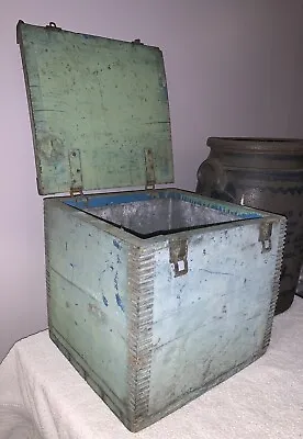 Wooden Farm Milk/Ice Chest Box Cooler-Old Green & Blue Paint-Galvanized Liner • $64.99