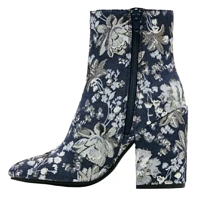 Merona Womens 5.5 Denim Silver Tapestry Block Heel Ankle Boots Floral Brocade  • $20