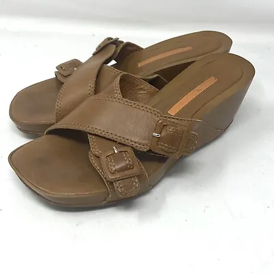 VIA SPIGA Brown Leather Cross Strap Wedge Sandal Women 6.5 Square Toe • $15.81