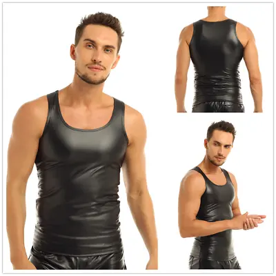 Men's Faux Leather Sleeveless Top Vest Sports Muscle Tank Undershirt Clubwear • £11.99